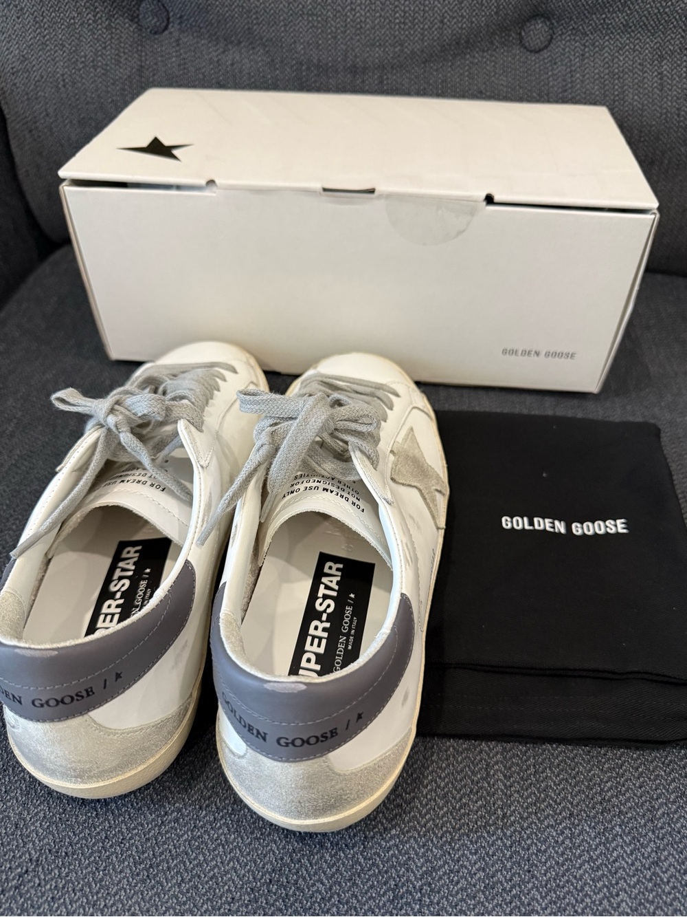 Golden Goose Super-Star Sneakers in White and Gray with Silver Metallic Heel